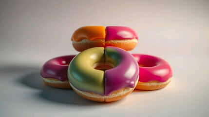 Donuts with various colors, textures, and toppings.