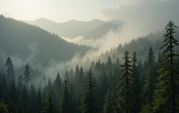 A view of a dense forest with tall evergreen trees and mountains shrouded in mist on a hazy day