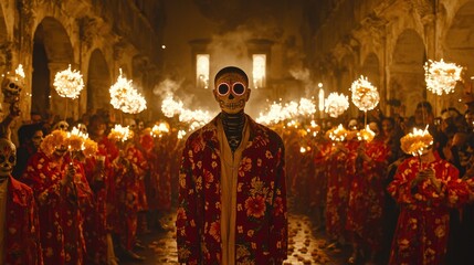 Obraz premium A vibrant festival scene with a central figure in a skull mask surrounded by people in floral robes, all holding lit decorations in an atmospheric setting.