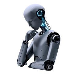 A highly detailed humanoid robot with a metal body and blue elements is deep in thought. He stands half-turned, his hand resting on his chin.