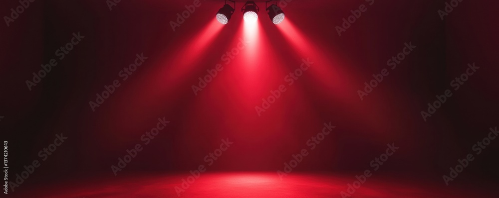 Poster a dimly lit stage featuring three red spotlights shining down on a smooth, dark surface, creating an
