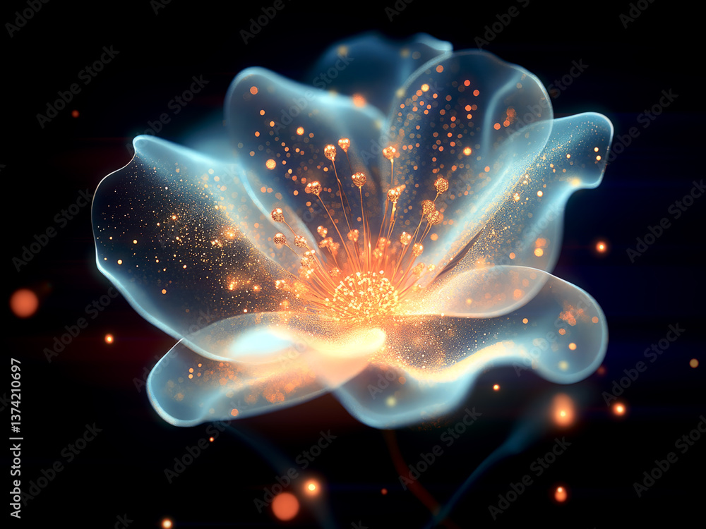 Poster digital illustration of a bright transparent flower with golden veins and shimmering pollen. magical