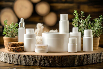 product photography mockups of various skincare essences white shampoo, cream, serum, oil,  containers set on a wooden podium in the gradient herbal background. mockup 