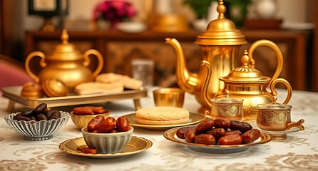 Fototapeta premium Golden Tea Set with Dates and Sweets for Ramadan Feast