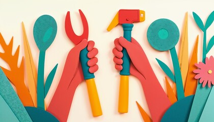 Creative paper art of hands holding gardening tools surrounded by plants and flowers