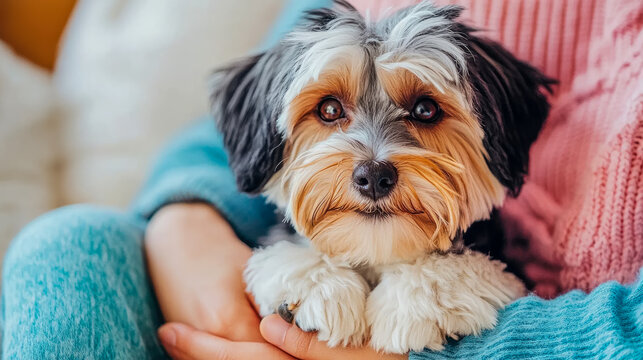 Warm Embrace: A small dog nestled affectionately in its owner's arms, a heartwarming scene of companionship and love