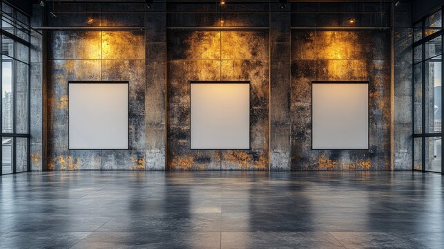 Gallery space features three blank canvases on weathered walls