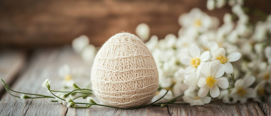 hand-made, knitted, artistic beige easter egg isolated over jasmine spring floral decorations & wooden background; copy space