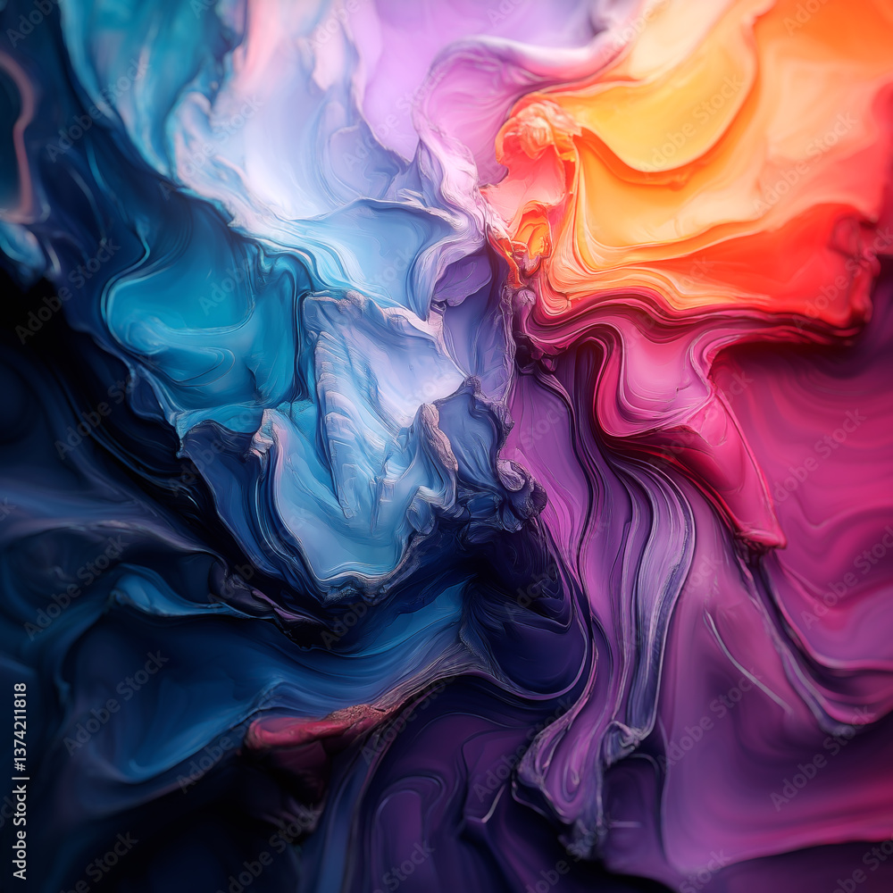 Poster an illustration with fluid lines in bright shades of blue, purple and orange. the shapes overlap to 