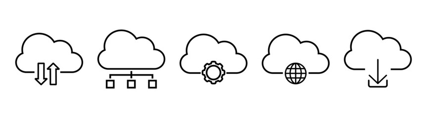 Cloud computing icon. Outline icons related to cloud technology, data center, connection network, digital service.
