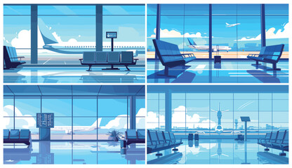 Airport interior. Empty waiting hall terminal with chairs, airplanes in window, departure lounge vector illustration