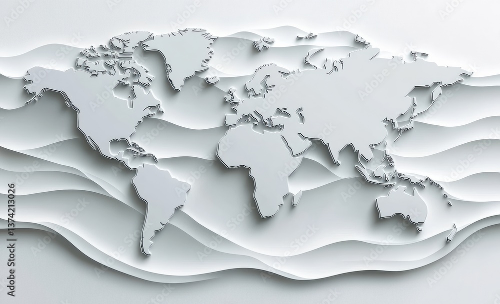 Poster a minimalist, three-dimensional map of the world with layered paper textures, showcasing continents 