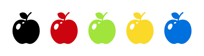 Apple icon set. Vector set of ripe green, yellow and red apples with leaves.