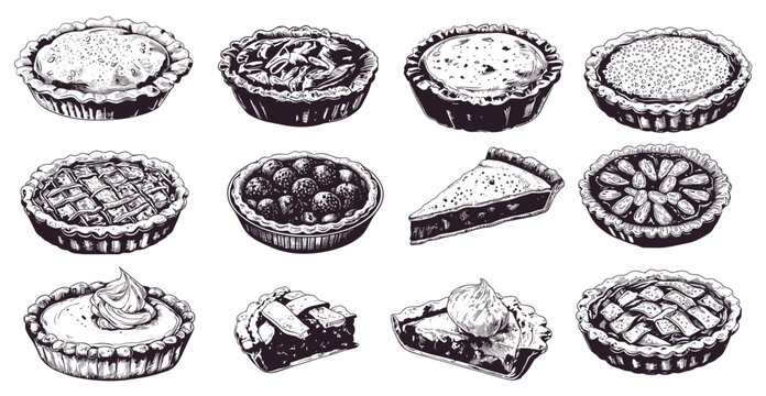 Sketch pies. Hand drawn baking dessert, organic apple pumpkin pie tart, traditional cake, menu set vector illustration