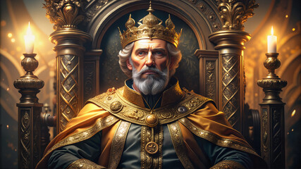 Bearded king in golden crown on dark throne