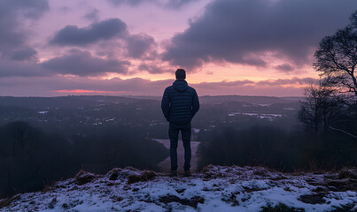 Fototapeta premium Man watching from the top of the mountain, traveler, sunset, dusk, outdoor sports, explorers, travelers, clouds, sun, backlight, sun, business, off-road, advertising, posters, wallpaper, base map