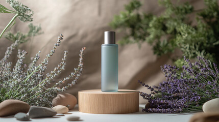 product photography mockups of various skincare essences transparent shampoo, cream, serum, oil,  containers set on a wooden podium in the gradient herbal background. mockup 
