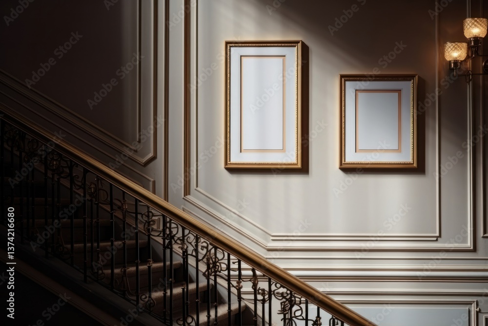 Poster white frame mockups architecture staircase handrail.