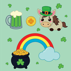 Fototapeta premium A cute St. Patrick's Day vector illustration featuring a donkey in a leprechaun hat, beer, gold coin, rainbow, pot of gold, and shamrocks on a light green background. Perfect for festive designs.