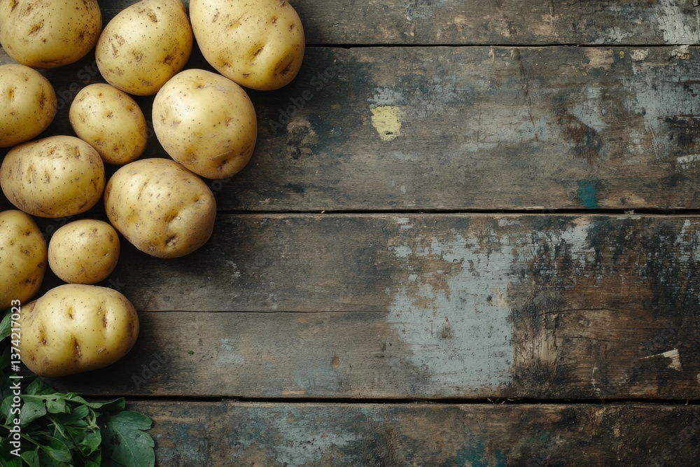 Poster freshly harvested potatoes arranged on a weathered wooden table, creating a rustic culinary scene wi