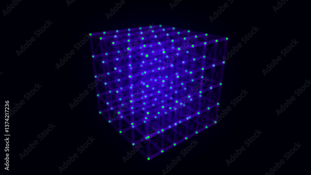 Poster abstract blue cube on black background. wireframe square structure with glowing particles and lines.