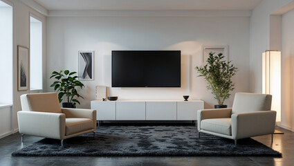 LED TV screen mounted on a dark wall, creating a sleek modern look, 3D rendering