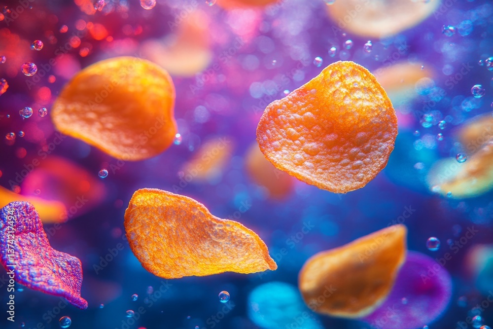 Poster crispy potato chips floating in colorful bubbly liquid, creating a vibrant and appetizing visual