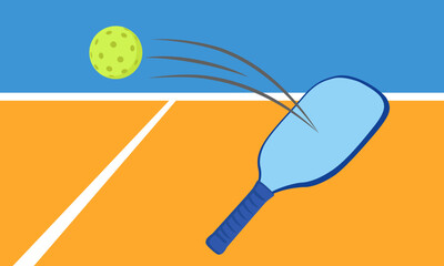 Pickleball paddle hitting ball over net on orange court