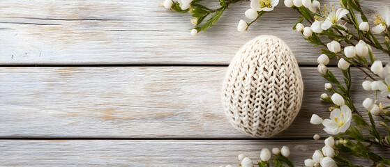hand-made, knitted easter egg isolated over spring floral decorations & bright wooden background; copy space