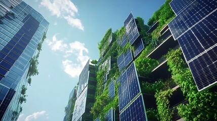 Sustainable urban oasis with natural green facades and solar panels image