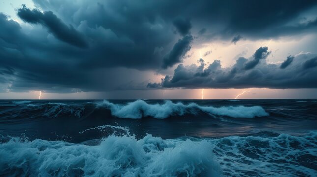  Dramatic Stormy Ocean with Giant Waves and Lightning,stormy ocean, giant waves, lightning storm, dark clouds, rough sea, 
