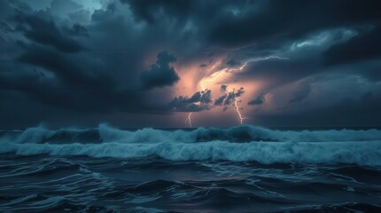  Dramatic Stormy Ocean with Giant Waves and Lightning,stormy ocean, giant waves, lightning storm, dark clouds, rough sea, 
