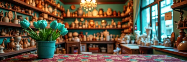 Cozy pottery shop with blue tulips and colorful ceramic display