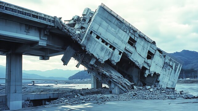 A bridge collapsing as seismic tremors shake the foundation apart 