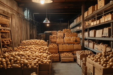 Fresh potatoes are storing in wooden crates inside dark barn cellar waiting for delivery to grocery stores