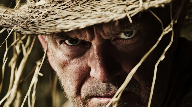 close-up portrait of a stern, weathered man peering intensely from beneath a straw hat. The man's face is marked with deep lines, and his eyes are focused directly at the viewer