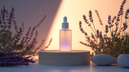 product photography mockups of various skincare essences transparent shampoo, cream, serum, oil,  containers set on a wooden podium in the gradient herbal background. mockup 