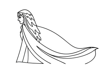 Elegant Woman Line Art Drawing, Flowing Cape, Windswept Hair