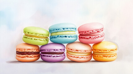 Obraz premium Colorful macarons arranged in delightful display, showcasing pastel hues and creamy fillings, evoking sense of sweetness and joy