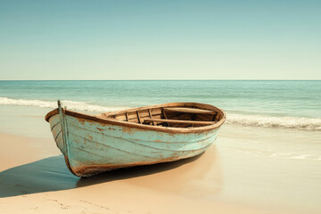 Fototapeta premium A picturesque scene of a weathered wooden boat resting on a tranquil beach under a clear blue sky.