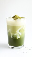 Refreshing iced matcha latte with foam and ice on white background National Alcohol Awareness Month