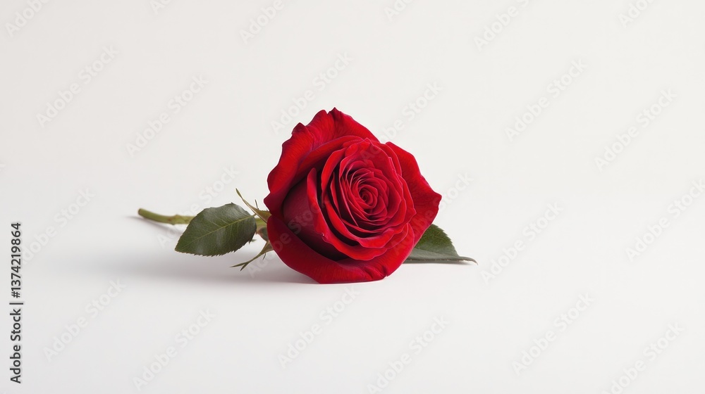 Poster delicate single bloom of red rose placed centrally on pristine white background to convey simplicity