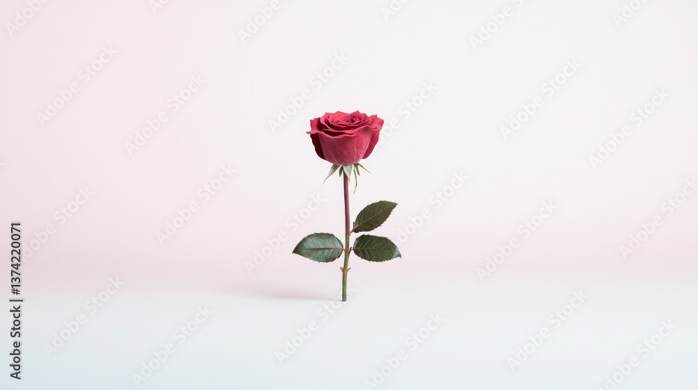 Poster delicate single bloom of red rose placed centrally on pristine white background to convey simplicity