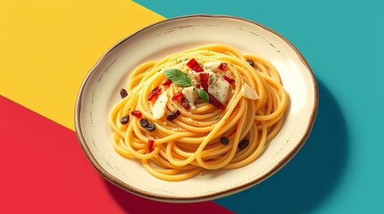 Vibrant Spaghetti Pasta Dish with Fresh Mozzarella, Red Peppers and Herbs on Rustic Plate Against Colorblock Background