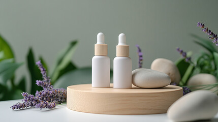 product photography mockups of various skincare essences white shampoo, cream, serum, oil,  containers set on a wooden podium in the gradient herbal background. mockup 