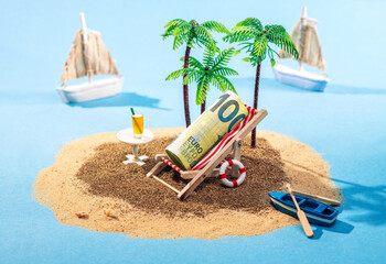 Island paradise with a 100 euro banknote on a deckchair under palm trees