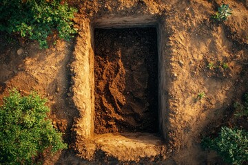 Freshly dug grave symbolizing mortality, grief, and the end of life, surrounded by soil and plants
