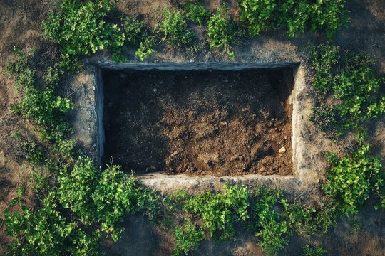 Empty grave plot waiting for burial in cemetery, surrounded by green plants, aerial view