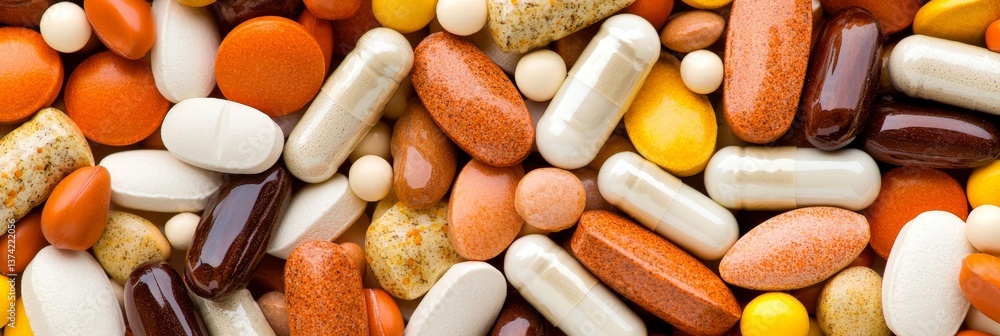 Poster various dietary supplements arranged in wooden bowl compartments in organized layout on neutral back