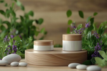 product photography mockups of various skincare essences white shampoo, cream, serum, oil,  containers set on a wooden podium in the gradient herbal background. mockup 
